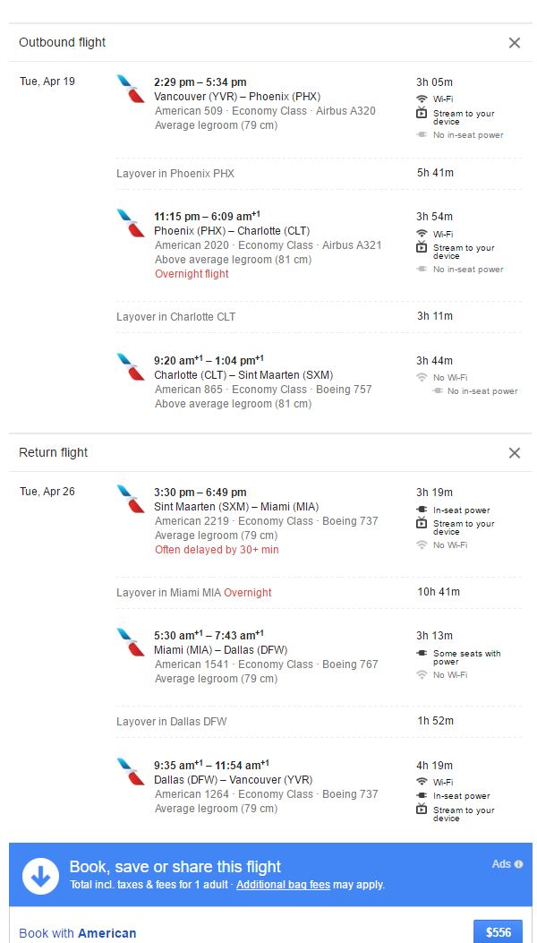 YVR to SXM April 4 2016 google flights
